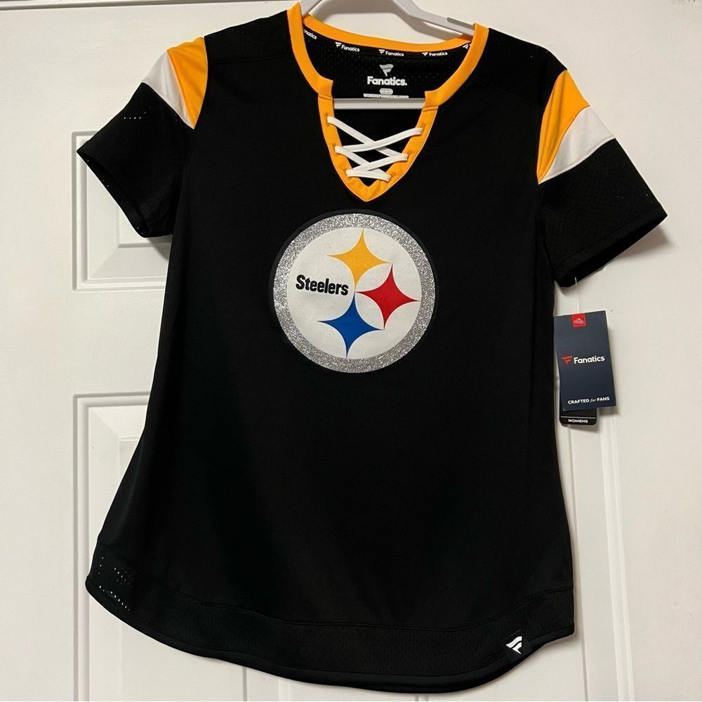 Steelers NFL Womens Black Yellow Neck Lace Up Short Sleeve Football Top M